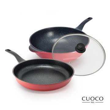 【CUOCO】雙喜紅鈦晶不沾雙鍋3件組(炒+平+蓋)32cm