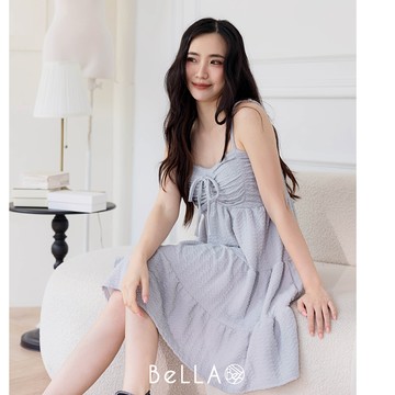 【夏季新品】BeLLA 胸前抽繩細肩洋裝 灰藍