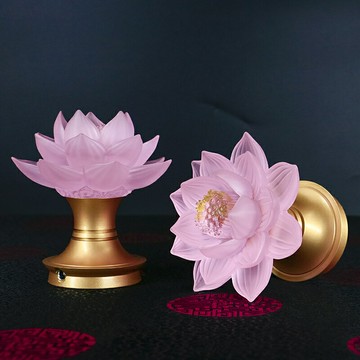 古法琉璃蓮花燈佛供燈插電家用充電池純銅佛前供燈佛堂粉色長明燈