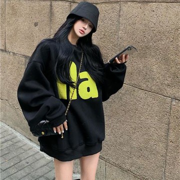 黑色圓領衛衣女秋裝2024新款美式復古刺繡字母BF慵懶風長袖上衣潮