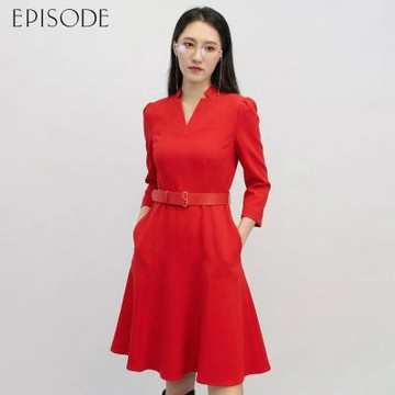 EPISODE - 氣質簡約V領收腰長袖洋裝E30455（紅）