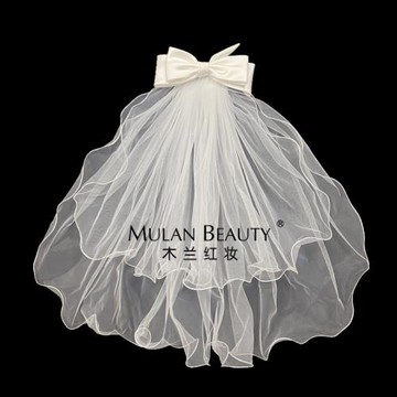 白鹿同款短款緞面蝴蝶結頭紗領證登記拍照蓬蓬造型紗新娘結婚搭配