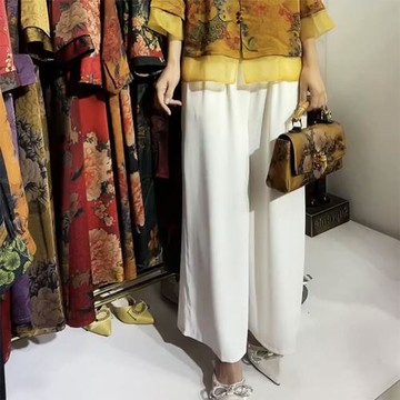中老年媽媽夏季桑蠶絲褲子薄料高腰九分闊腿褲百搭白色涼爽褲裙潮