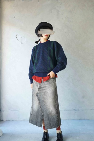 尋寶古著-義大利製藍綠麻花緹花文青針織保暖中性毛衣