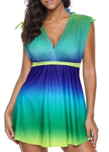 Tie Shoulder Gradient V Neck Swimdress and Shorts