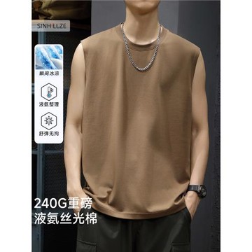 液氨冰絲棉無袖t恤男夏季涼感重磅寬松背心運動健身運動坎肩潮牌