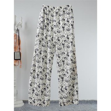 諾諾E站【町】春季新款印花闊腿褲女高腰顯瘦冰絲休閑長褲剪標