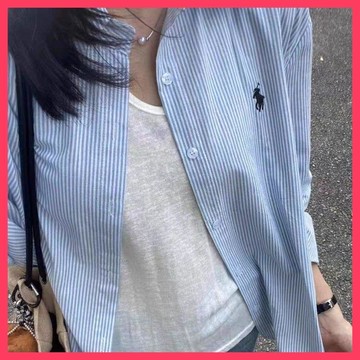 🌈ATC✨條紋翻領長袖襯衫女 | 春秋設計感 | 小衆休閒上衣 | 韓系甜美寬鬆襯衣