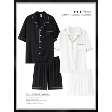 情侶睡衣女夏季冰絲短袖短褲仿真絲綢家居服2024新款男士大碼套裝