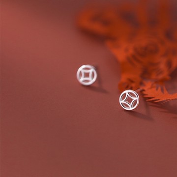 《現貨》香港正生純銀 純銀925 鏤空招財錢幣耳環 純銀耳環 耳針 耳釘 養耳環 養耳洞 銀針耳環 銀飾 純銀