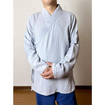 漢服男女同款交領長袖寬松上衣舒適棉麻手感純色休閑居家中式漢服