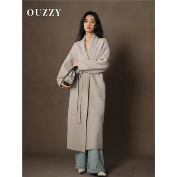 OUZZY"浪漫至簡"綿羊毛長款腰帶浴袍款開衫毛衣外套顯瘦氣質女