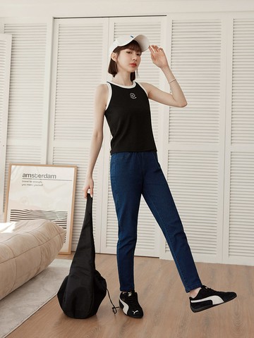 休閒彈力腰鬆緊窄管牛仔褲