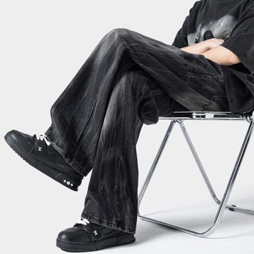 高街vibe波浪紋黑色牛仔褲女潮牌寬松水洗漸變直筒褲休閑微喇褲子