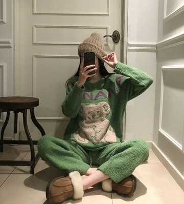 楊冪同款小熊針織衛衣珊瑚絨睡衣女睡袍秋冬季加厚長袖家居服套裝