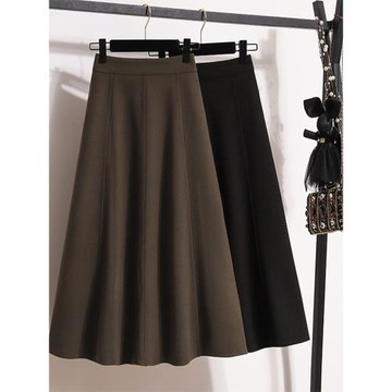 赫本風傘裙女大碼春季胖mm高腰顯瘦加厚毛呢半身裙遮肚A字長裙子