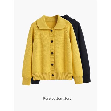 粗線翻領100%棉 加厚純棉開衫女士針織衫秋冬毛衣外套上衣 寬松版