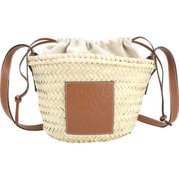 LOEWE 羅威 Anagram 手工編織棕櫚葉拼帆布束口可拆斜背水桶包(棕褐色)