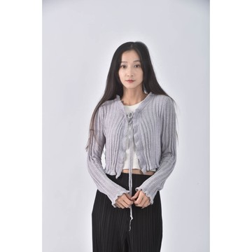 (S) 【粿粿私服】yifan韓牌質感修身短版針織綁繩紫色罩衫二手衣