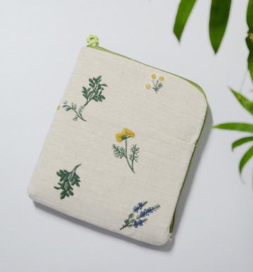 花草系刺繡布 客制化客製尺寸電子書保護包 L 型拉鏈 內有筆插位