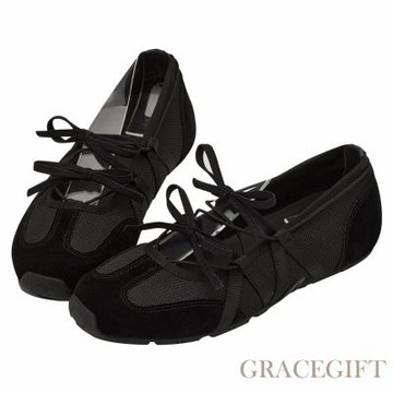 【Grace Gift】首爾芭蕾機能綁帶蝴蝶結瑪莉珍運動鞋 黑