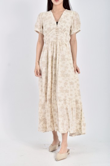 (S) neon質感短袖雞蛋花滿版印花米白色洋裝