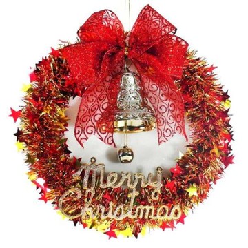 【摩達客】紅金系金蔥聖誕星星花圈(14吋)