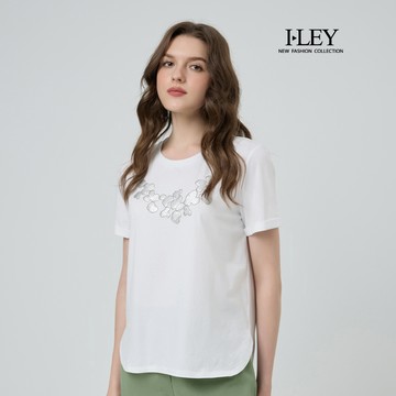 ILEY伊蕾 珠鍊亮片圖案短袖棉質上衣(白；M-XL)