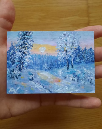 冬日仙境原創油畫，雪景 ACEO，厚塗技法畫作