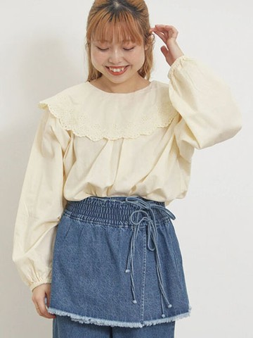 甜美蕾絲大領片澎袖襯衫上衣(0F000556310) - Samansa Mos2