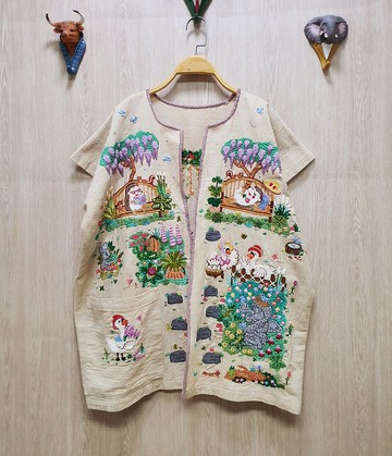 手工刺繡開衫、棉布、刺猬、兔子、松鼠、花園