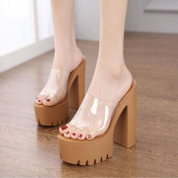 恨天高粗跟鞋女拖鞋14cm超高跟性感涼拖模特防水臺透明涼鞋不累腳