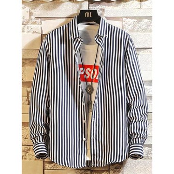 春秋季黑白條紋襯衫男長袖韓版潮流帥氣襯衣男士秋裝上衣休閑外套