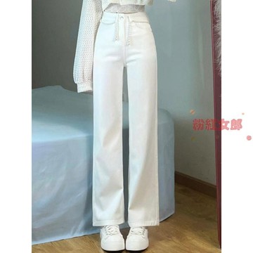美式高街白色直筒牛仔褲女秋季ins新款高腰顯瘦oversize闊腿褲子 大尺碼長褲 夏天長褲 長褲女 顯瘦長褲 日系穿搭