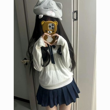 雨菲|免運 JK制服套裝 秋季櫻花妹 白色套頭 V領針織 長袖毛衣 百褶裙 搭配套裝 學院風穿搭 日常通勤 學生校園 甜