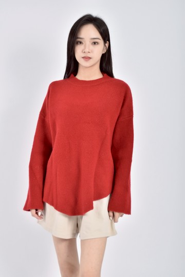 (F) 質感針織圓領長袖紅色毛衣