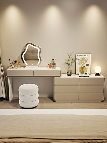 化妝桌鏡台梳妝台 奶油風超窄30cm巖板實木主臥梳妝臺床頭化妝桌推拉斗櫃一體化妝桌