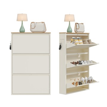 【慢慢家居】免安裝木頂超薄翻斗鋼製鞋櫃-65面寬 (三層鞋櫃 拉門鞋櫃 收納鞋櫃 鞋架)日式翻斗鞋櫃-65cm(三層)