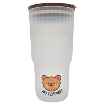 Ins大容量隨手飲料杯 650ml 雙飲杯口 密封防漏 卡通小熊圖案 細膩觸感  棕色  1個