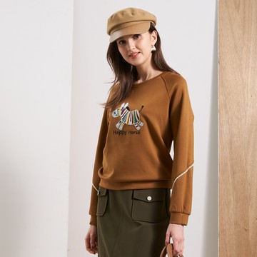 CLL巧玲瓏 斑馬珠飾袖條短版上衣(駝色) 5283505