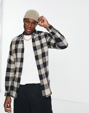 Jack & Jones Essentials flannel buffalo check shirt in beige-Neutral
