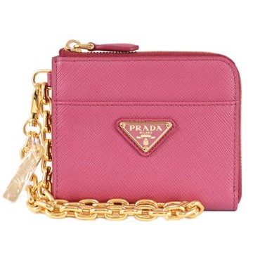 PRADA 金屬三角LOGO防刮皮L型拉鍊零錢包(桃粉-附鍊條掛扣)