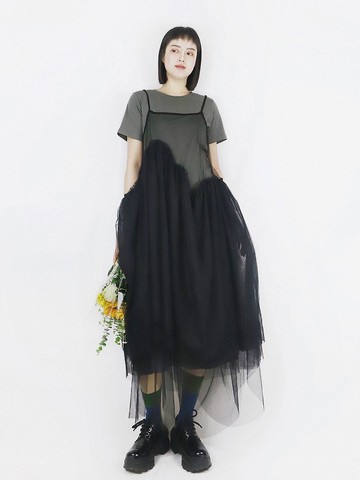 手工網紗幾合設計罩衫 高腰連衣裙 長版層次穿搭 透視連身紗裙