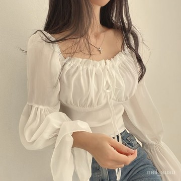 P3-【限時特賣】打底衫 雪紡衫 網紗上衣 夏天衣服 純慾風雪紡長袖一字肩繫繩性感法式溫柔風短款襯衫女上衣秋季新款
