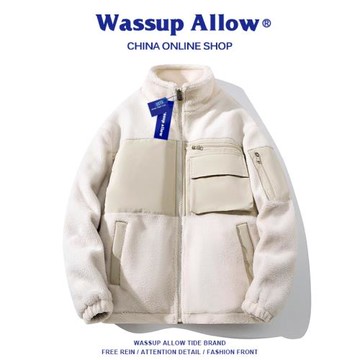 wassup allow冬季羊羔絨棉衣服男潮牌寬松美式徽章立領保暖外套女