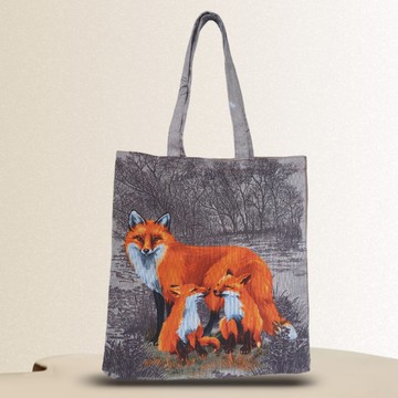 堅固的可重複使用棕手提袋，環保，帶狐狸的棉帆佈軟包