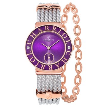 CHARRIOL夏利豪 (ST30PCD4.560.033) ST-tropez系列字母雕刻玫瑰金鋼索腕錶/紫面30mm