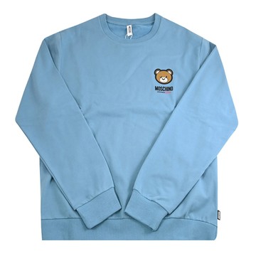 MOSCHINO 小熊貼花LOGO圓領薄刷毛長袖大學T恤/衛衣.淺藍