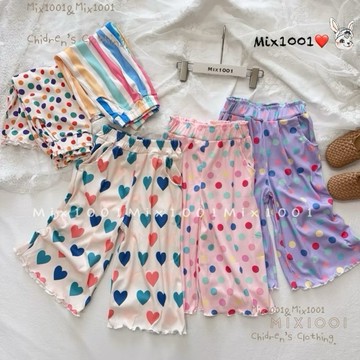 🌈✨mix1001薄 坑條壓紋❤️繽紛點點愛心寬褲✨兒童舒適寬鬆滿版寬褲5-17
