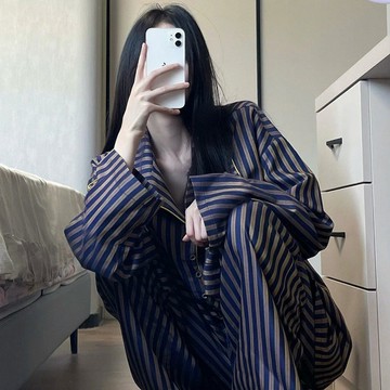Xuan♥長袖長褲睡衣女春秋新款ins網紅風秋天新款條紋家居服套裝可外穿